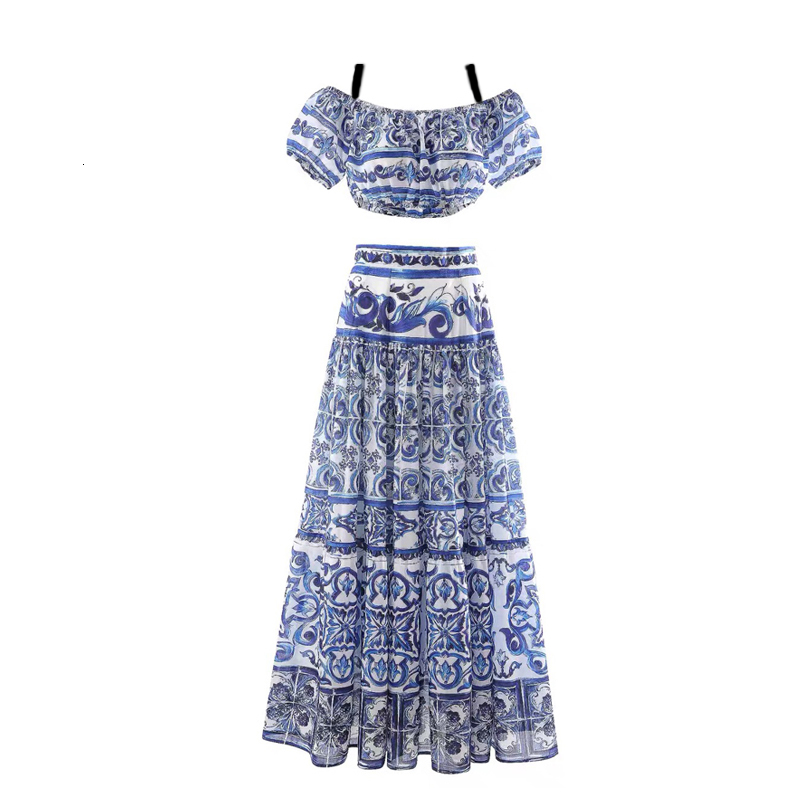 Two Piece Dress runway ner women two pieces set blue and white slimy tops short camisole maxi long skirt fashion outfit za 230607