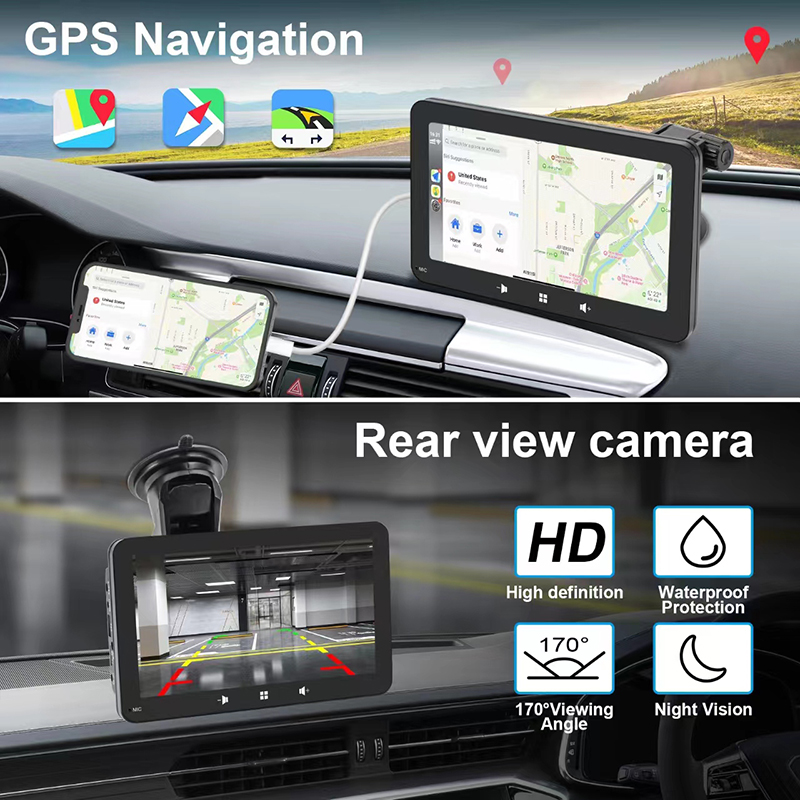 7 inch Car Portable Apple CarPlay Screen Multimedia Player Android Auto Monitor AirPlay Phone Mirror Link Display for Lorry Van MPV Bus SUV Taxi Truck