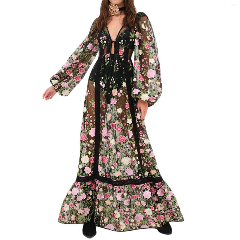 Casual Dresses Women s Sheer Mesh Floral Print Dress Long Sleeve V Neck Backless See Through Cover Ups Boho Summer Beach Up AAA Discount for in-store 