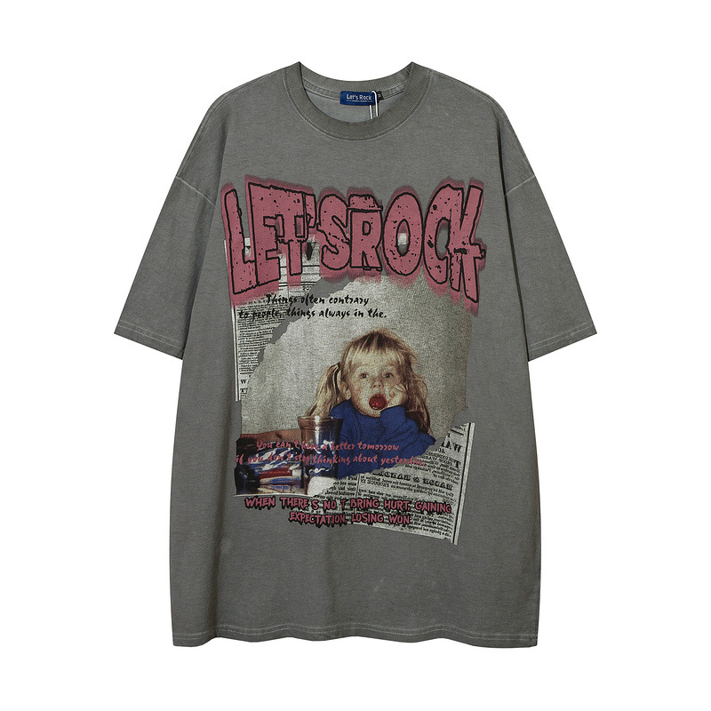 High street to do old washed short-sleeved T-shirt men's fashion brand loose dark print couple all half sleeve
