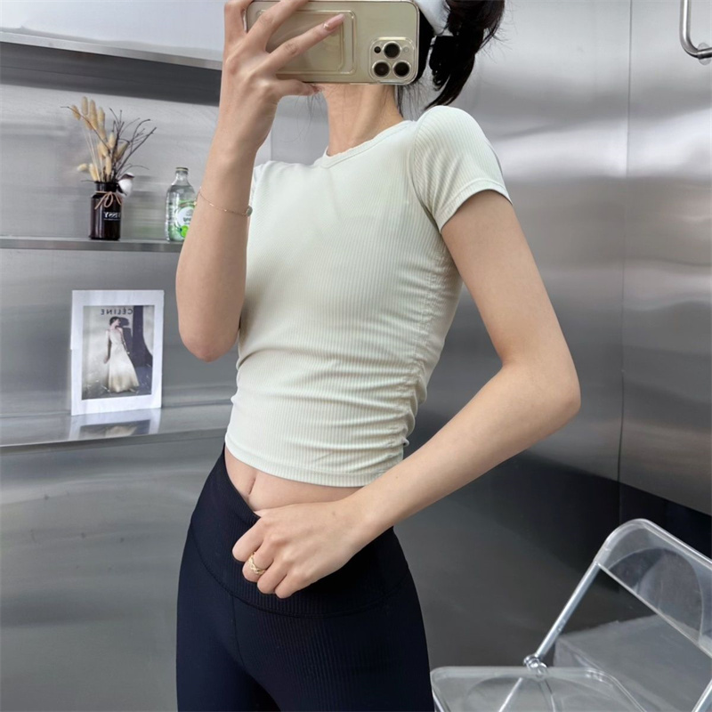 Womens yoga ribbed round neck short sleeved T-shirt summer top versatile elastic drawstring sports fitness solid color