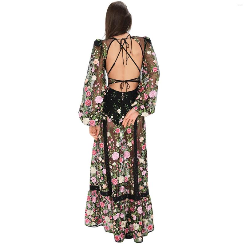 Casual Dresses Women s Sheer Mesh Floral Print Dress Long Sleeve V Neck Backless See Through Cover Ups Boho Summer Beach Up AAA Discount for in-store 