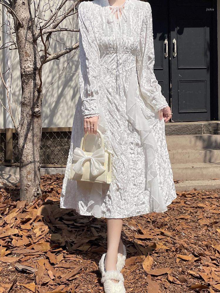Casual Dresses Sweet Mori Girl Elegant Fairy White Temperament Women Dress Spring V-Neck Bandage Long Sleeve Princess Preppy Style Mid