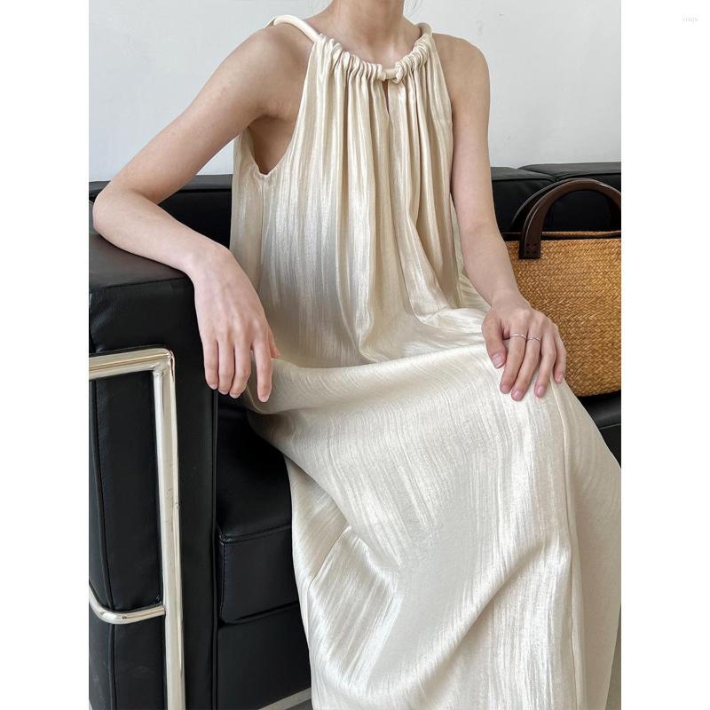 Casual Dresses 2023 Women Summer Elegant Sleeveless Loose Style Long Dress Halter Neck Satins Maxi Vestidos