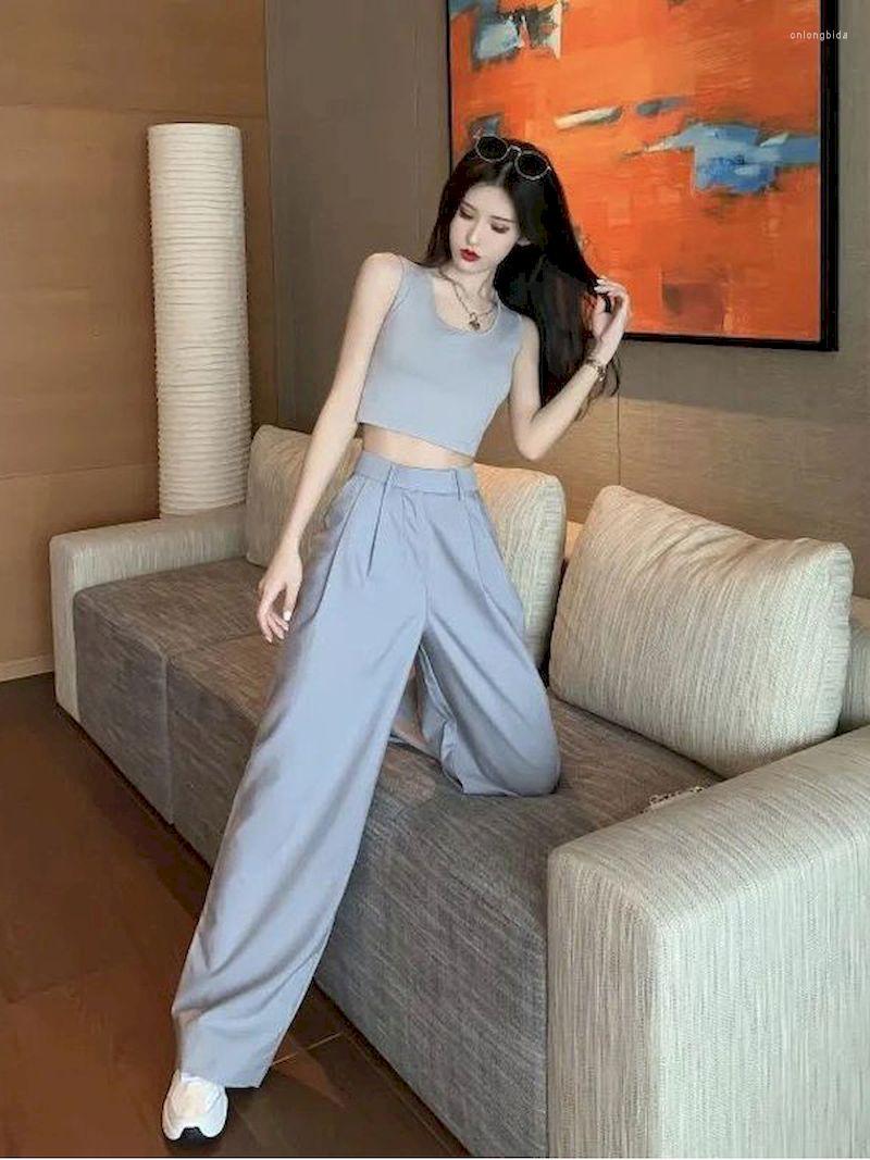 Women's Two Piece Pants Vitality Suit Female Girl Summer Dress 2023 Sweet And Spicy Wear Hong Kong Style High Waist Drape Wide Leg