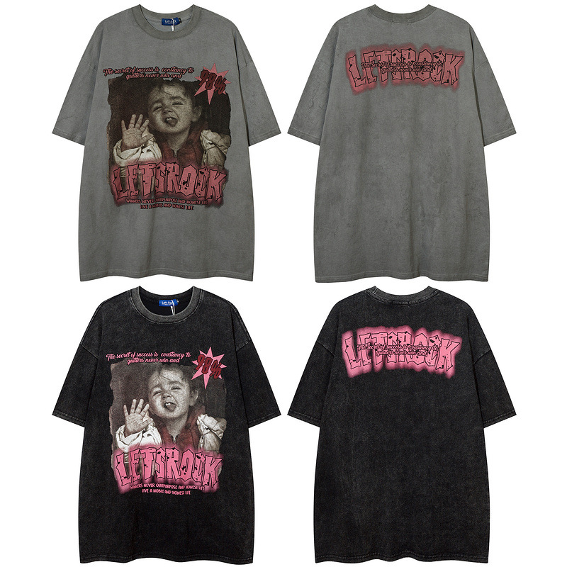 High street to do old washed short-sleeved T-shirt men's fashion brand loose dark print couple all half sleeve