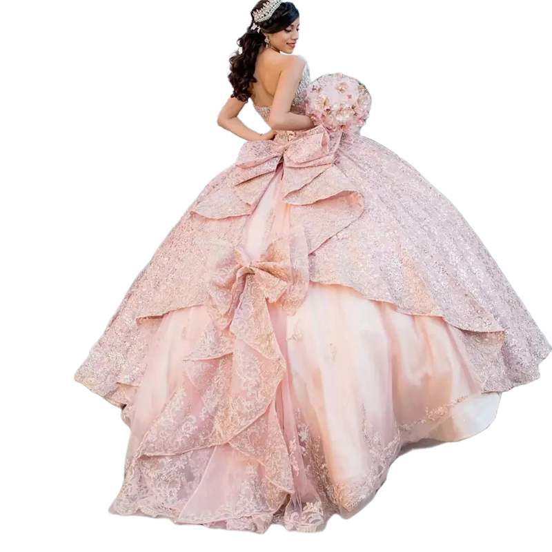Princess Lace Quinceanera Dresses Halter Backless Ball Gown Blush Pink Prom Sweet 15 Dress Ruffle Bow Back Long Graduation Dress Vestido De VX Anos 20