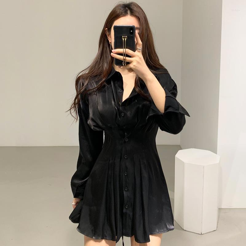 Casual Dresses Elegant Y2k Black White Glossy Waist Back Bandage Lapel Single Breasted Long-sleeved Pink Shirt Dress Women Mini Pleated