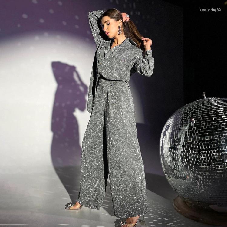 Women' Sleepwear Fashion Long Sleeve Pajamas Two Piece Sets Women Elegant Gray Glitter Pant Casual Loose Wide Trouser Suits
Women' Sleepwear Fashion Long Sleeve Pajamas Two Piece Sets Women Elegant Gray Glitter Pant Casual Loose Wide Trouser Suits