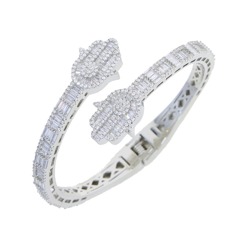 Iced Out Bling CZ Custom Opened Square Cubic Zircon Paved Hamsa Hand Charm Bracelet Bangle Hip Hop Sparking Jewelry