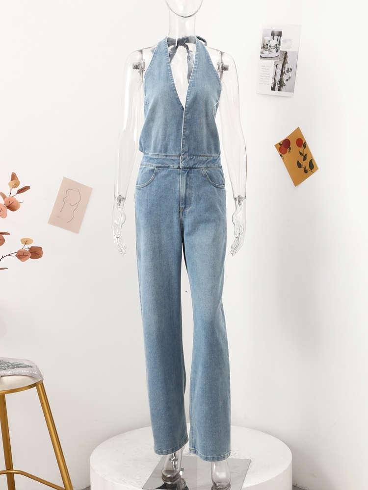 Womens Jumpsuits Rompers Fashion Sleeveless Denim Jumpsuit Women Summer Y2K Halter Backless Long Female Sexy Vneck Blue Straight Overalls 230609
