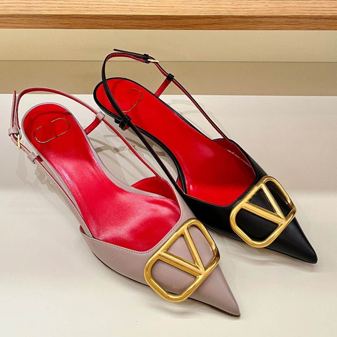 

New Brand Women High Heels Sandals Classics Metal V-buckle Pointed Toe Thin Heel 4cm 6cm 8cm 10cm Summer Genuine Leather Woman Wedding Shoes with Bag 35-44, Red