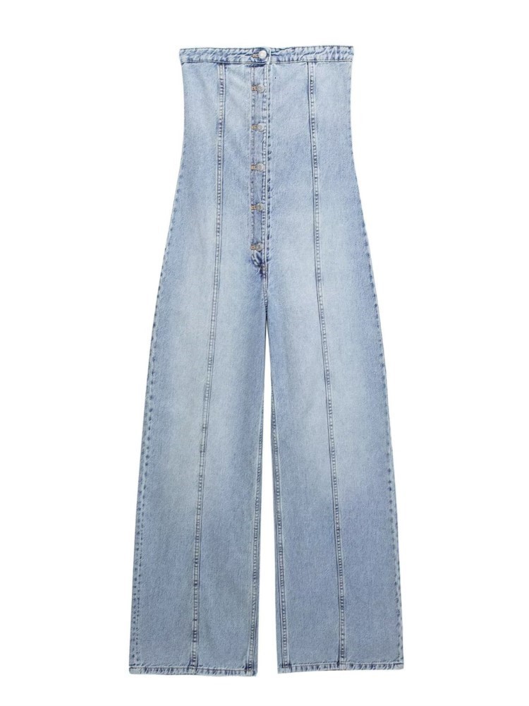 Womens Jumpsuits Rompers Off Shoulder Blue Denim Women Sexy Sleeveless Tube Top Button Vintage Summer High Waist Wide Leg Playsuits 230609