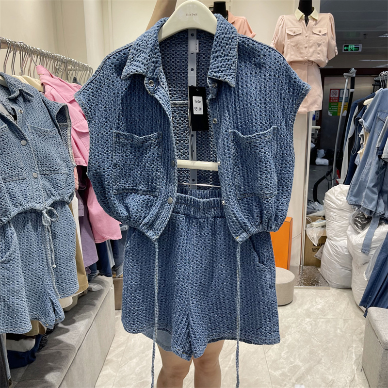 Womens Two Piece Pants Summer Twopiece suit Solid color Singlebreasted Short Denim Vest Elastic High Waist Shorts 2 Set 230608