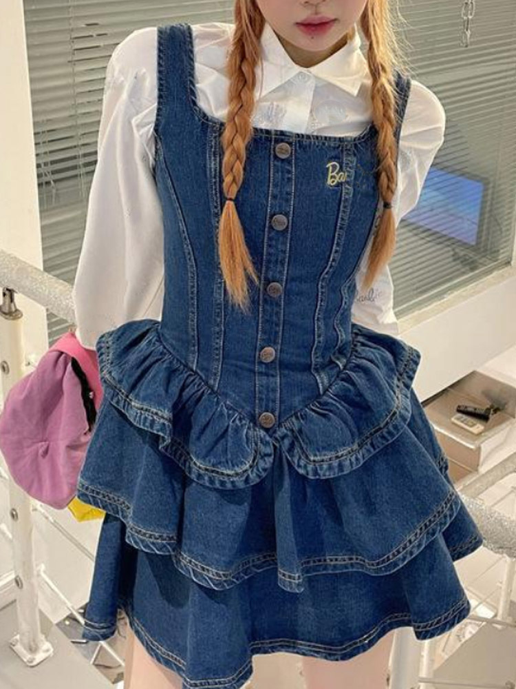 Basic Casual Dresses Preppy Style Kawaii Cake Ruffle Mini Dress Sets Patchwork Sweet Cute Slim Y2k E Girl Korean Fashion Women Vintage Denim Dresses 2