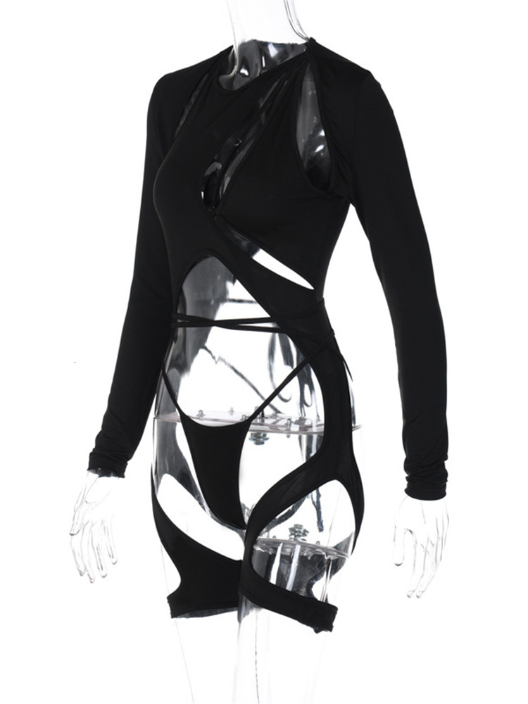 Womens Jumpsuits Rompers CHRONSTYLE Women Black Hollow Out Bodysuits Irregular Cutout Long Sleeve Sleepwear with Bandage Thongs Nightwear Playsuits 23