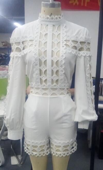 Women's Jumpsuits Lace Patchwork Long Sleeve Hollow Out Playsuits White Black Women Regular Rompers 230608