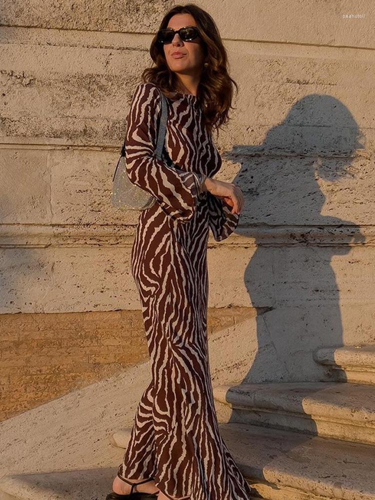 Casual Dresses Zebra Striped Print Maxi Dress Women Long Sleeve O-neck Spring Summer Elegant See Through Ladies 2023 Female