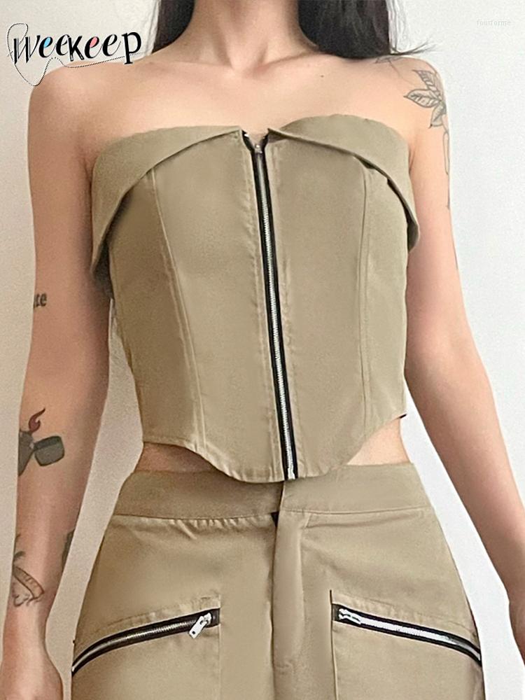 Women' Tanks Weekeep Chic Elegant Zip Up Corset Top Vintage Skinny Khaki Strapless Tube Tops Streetwear Crop Tees Y2k Aesthetic Ladies
Women' Tanks Weekeep Chic Elegant Zip Up Corset Top Vintage Skinny Khaki Strapless Tube Tops Streetwear Crop Tees Y2k Aesthetic Ladies