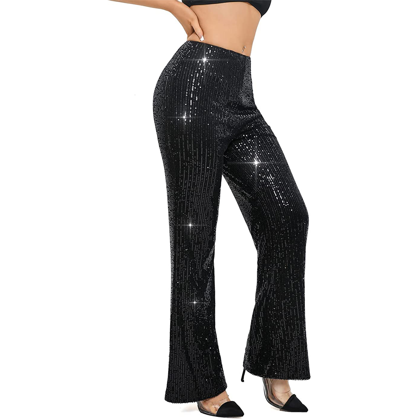 Womens Pants Capris Fashion Female Elastic High Waist Sequined Flared Casual Solid Color Slim Fit Shiny Stretch Long Trousers 230609