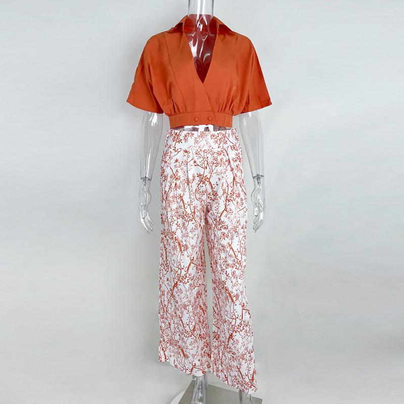 Womens Two Piece Pants 2023 Women 2 Set Summer Fashion Elegant Bat Sleeve Shirt And Floral Print Wide Leg Pant Casual Streetwear Female