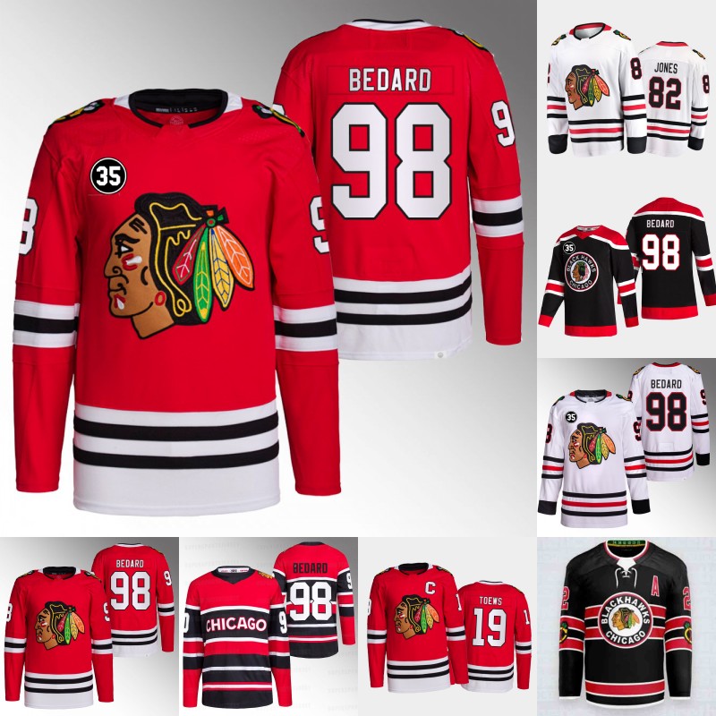 #98 Connor Bedard Jersey Chicago Blackhawk 35 Patch Honor Tony Esposito 4 Seth Jones 19 Jonathan Toews 88 Patrick Kane 82 Caleb Jones 12 Alex DeBrincat Hockey Jerseys
