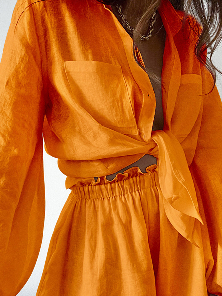 Womens Two Piece Pants Women Casual Shirt Shorts Summer Fashion Personality Long Sleeved Loose Lady Simple Solid Color Suit 230608