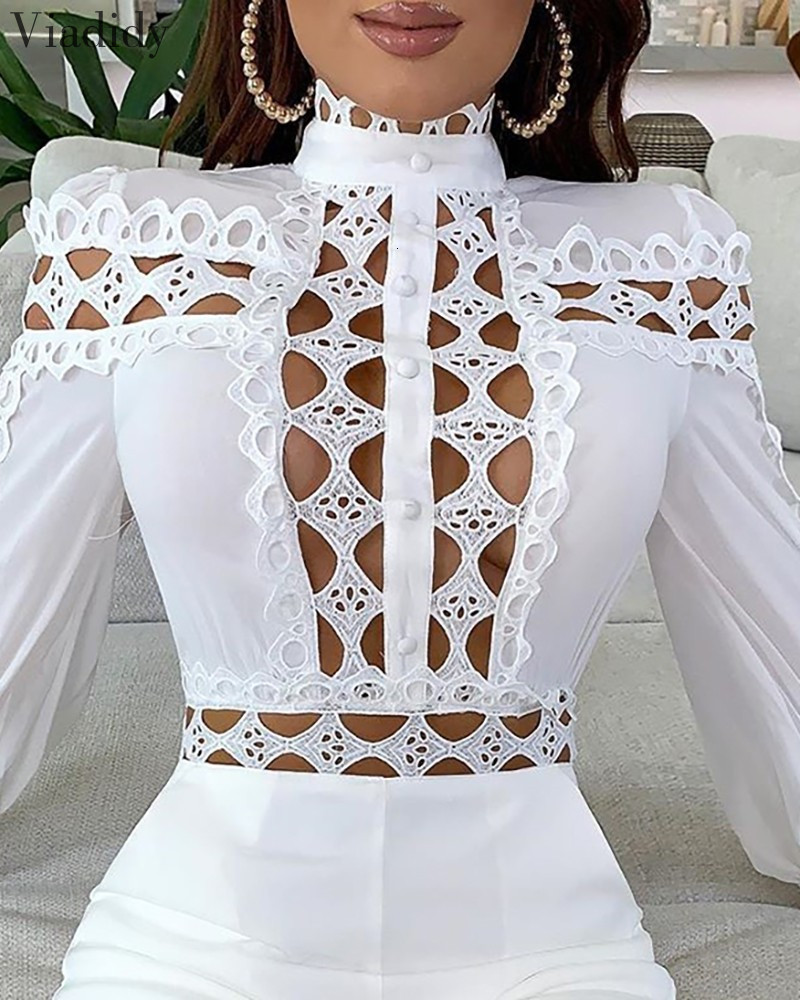 Women's Jumpsuits Lace Patchwork Long Sleeve Hollow Out Playsuits White Black Women Regular Rompers 230608