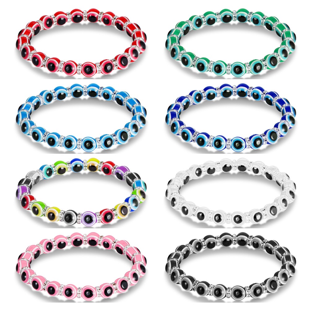 Colorful Turkish Blue Evil Eye 8mm Red Blue Eyes Beads Handmade Elasticity Bracelet for Men Women Yoga Reiki Jewelry