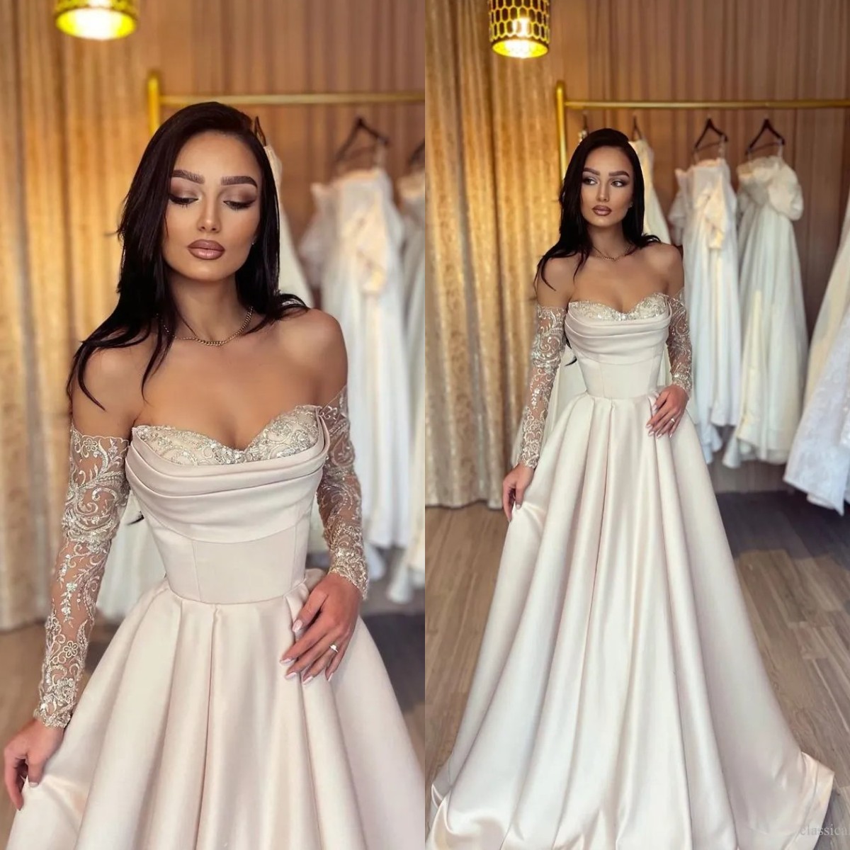 Strapless Dresses Pleats Champagne Sequins Long Sleeves Party Prom Evening Dress For Special Ocn Lz0304