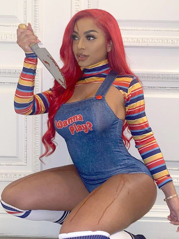 Women's Two Piece Pants hirigin Halloween Costumes for Women Scary Nightmare Killer Doll Wanna Play Movie Character Bodysuit Chucky Costume Set 2