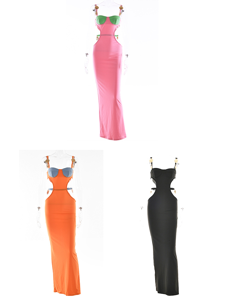 Basic Casual Dresses Sexy Shoulder Strap Beaded Contrasting Colors Low-cut Waistless Dress Summer Elegant Sleeveless Maxi Dresses A2166 230608