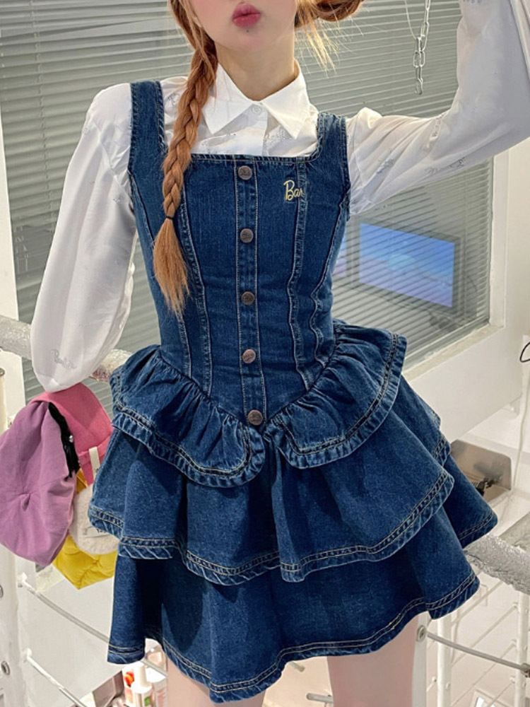 Basic Casual Dresses Preppy Style Kawaii Cake Ruffle Mini Dress Sets Patchwork Sweet Cute Slim Y2k E Girl Korean Fashion Women Vintage Denim Dresses 2