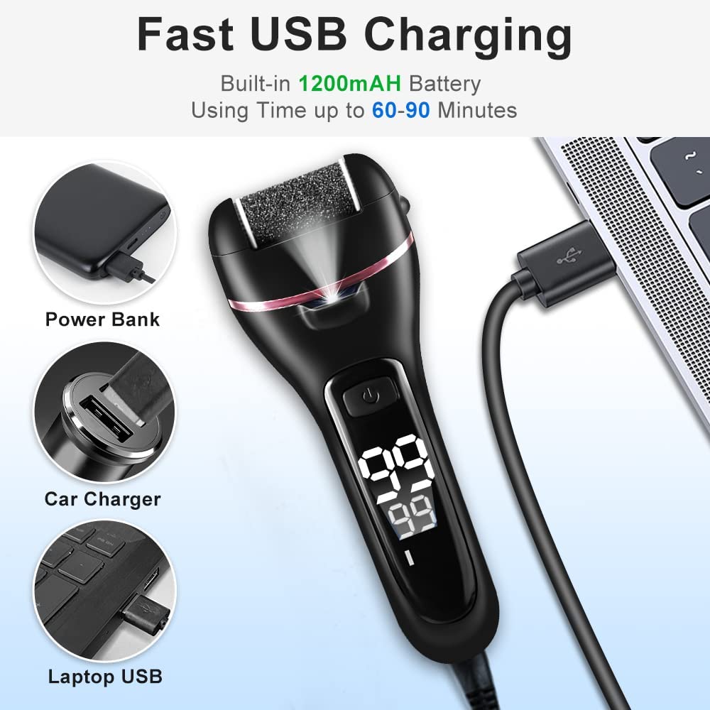 Foot Polisher Electric Callus Remover for Feet with Rechargeable Pedicure Kit 3 Roller Heads 2 Speed Foot Care Pedicure Tools