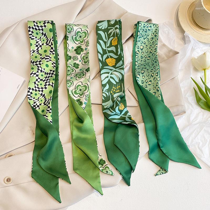 Scarves 2023 Green Floral Print Skinny Silk Scarfs Bag Ribbon Women Fashion Foulard Neckerchief Female Hairband Soft Satin Lady Gift