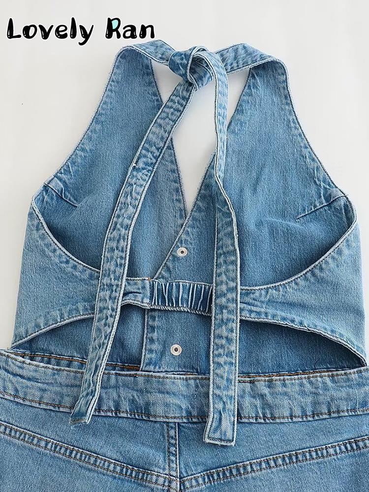 Womens Jumpsuits Rompers Fashion Sleeveless Denim Jumpsuit Women Summer Y2K Halter Backless Long Female Sexy Vneck Blue Straight Overalls 230609