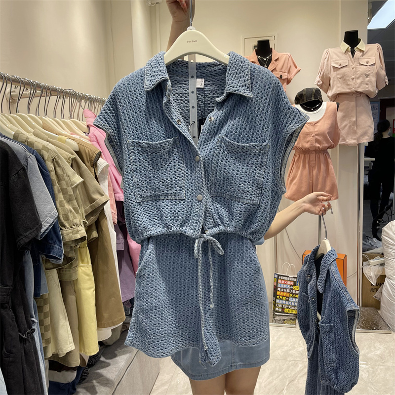 Womens Two Piece Pants Summer Twopiece suit Solid color Singlebreasted Short Denim Vest Elastic High Waist Shorts 2 Set 230608