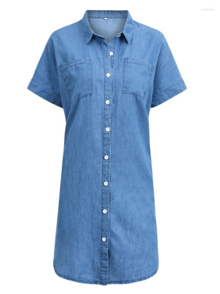 Casual Dresses Summer Women Knee Length Dress Fashion Turn Down Collar Short Sleeve Buttons Denim Shirt Woman Big Size Jean