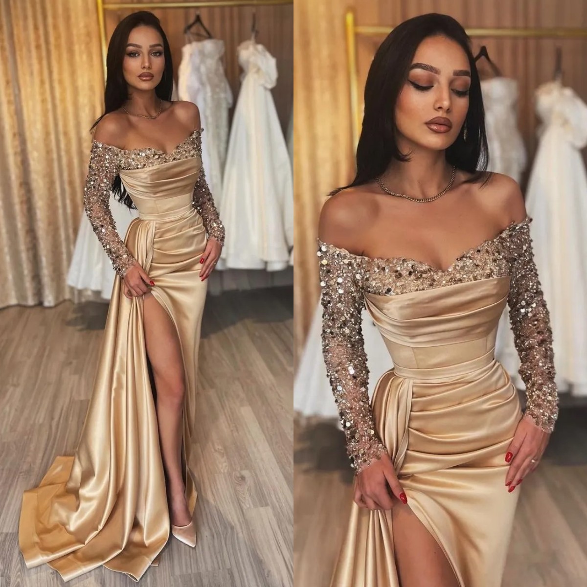 Off shoulder prom dresses long sleeves high split sequins party dress sweep train elegant evening gown, Lilac
Off shoulder prom dresses long sleeves high split sequins party dress sweep train elegant evening gown, Lilac