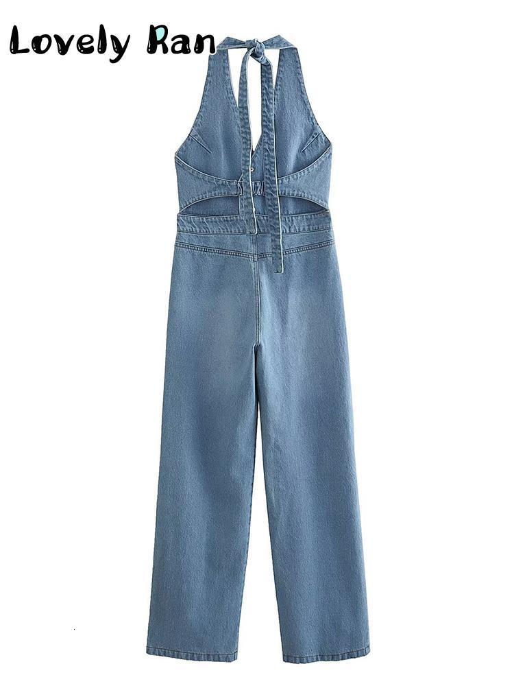 Womens Jumpsuits Rompers Fashion Sleeveless Denim Jumpsuit Women Summer Y2K Halter Backless Long Female Sexy Vneck Blue Straight Overalls 230609