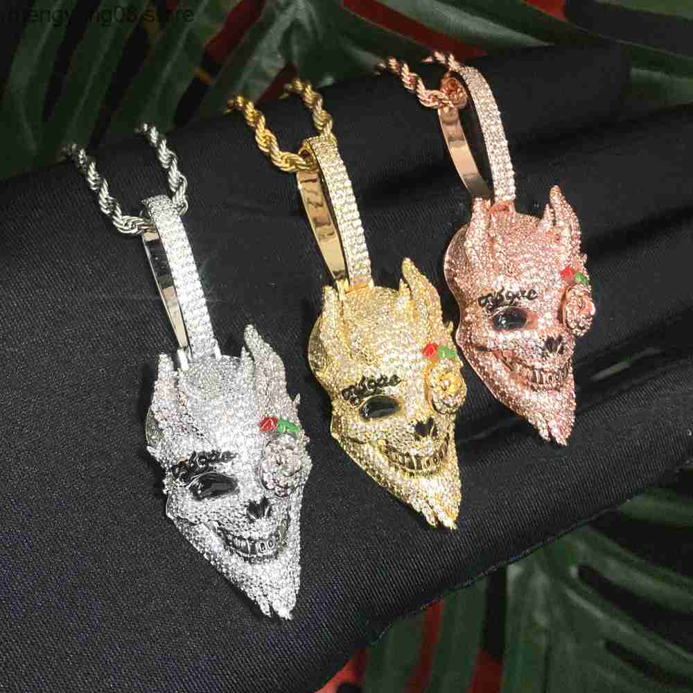 Pendant Necklaces 2023 New Arrived Cool Gold Silver Color Rock Punk Men Boy Jewelry Micro Pave CZ Big 3D Shaped Skull Pendant Hip Hop Necklaces T23060