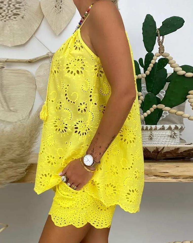 Womens Two Piece Pants Sets Women Outifits Casual VNeck Sleeveless Camis Eyelet Embroidery Tassel Top Shorts Set Fashion Suit 230608