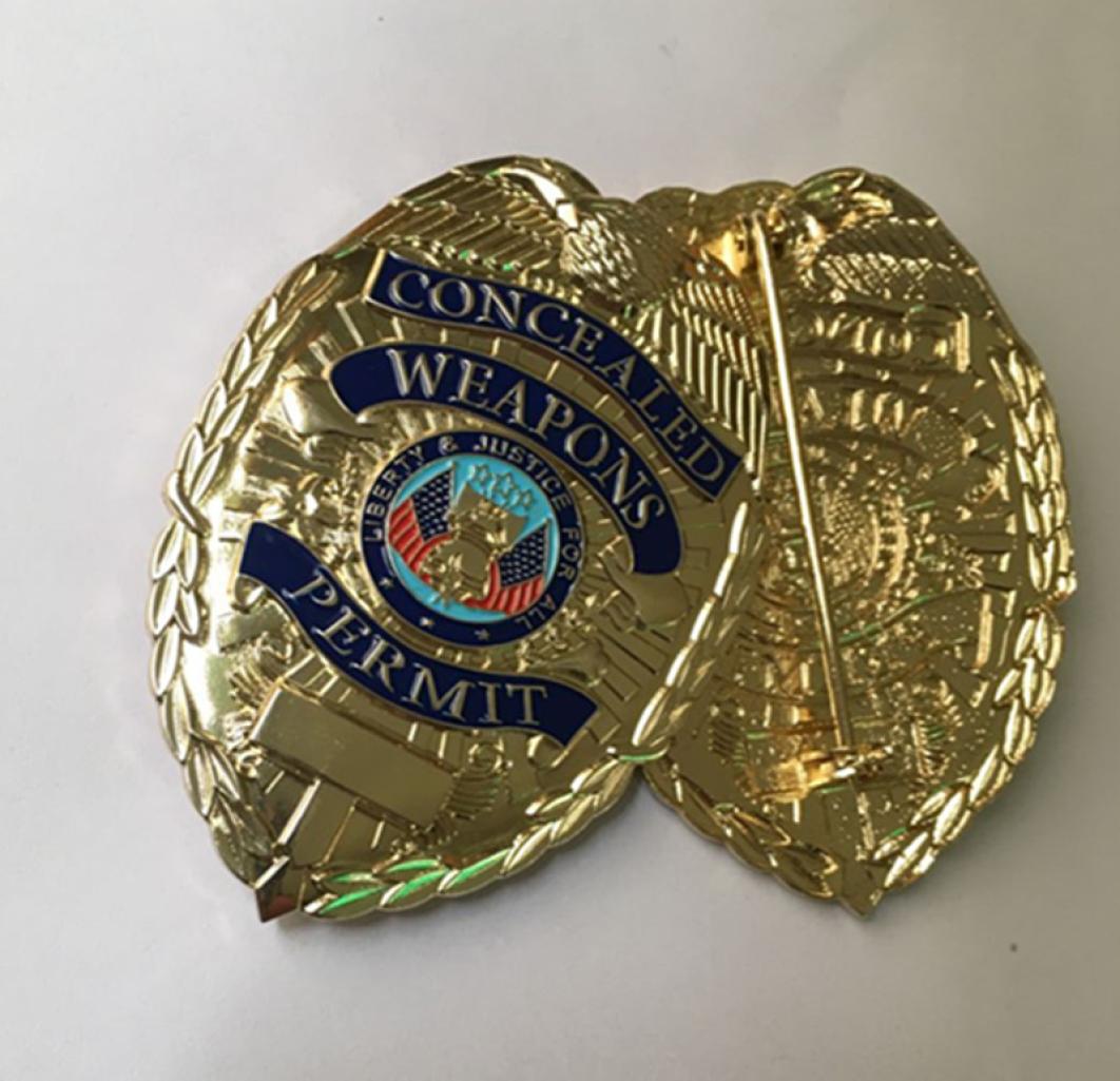 Non magnetic The Concealed Weapons permit badge coin 78 x 55 mm gold plated shoulder emblem badge2pcslot3886754
Non magnetic The Concealed Weapons permit badge coin 78 x 55 mm gold plated shoulder emblem badge2pcslot3886754