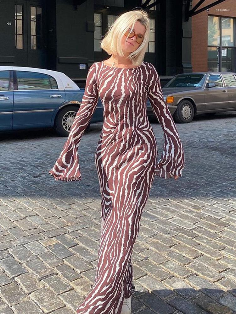 Casual Dresses Zebra Striped Print Maxi Dress Women Long Sleeve O-neck Spring Summer Elegant See Through Ladies 2023 Female