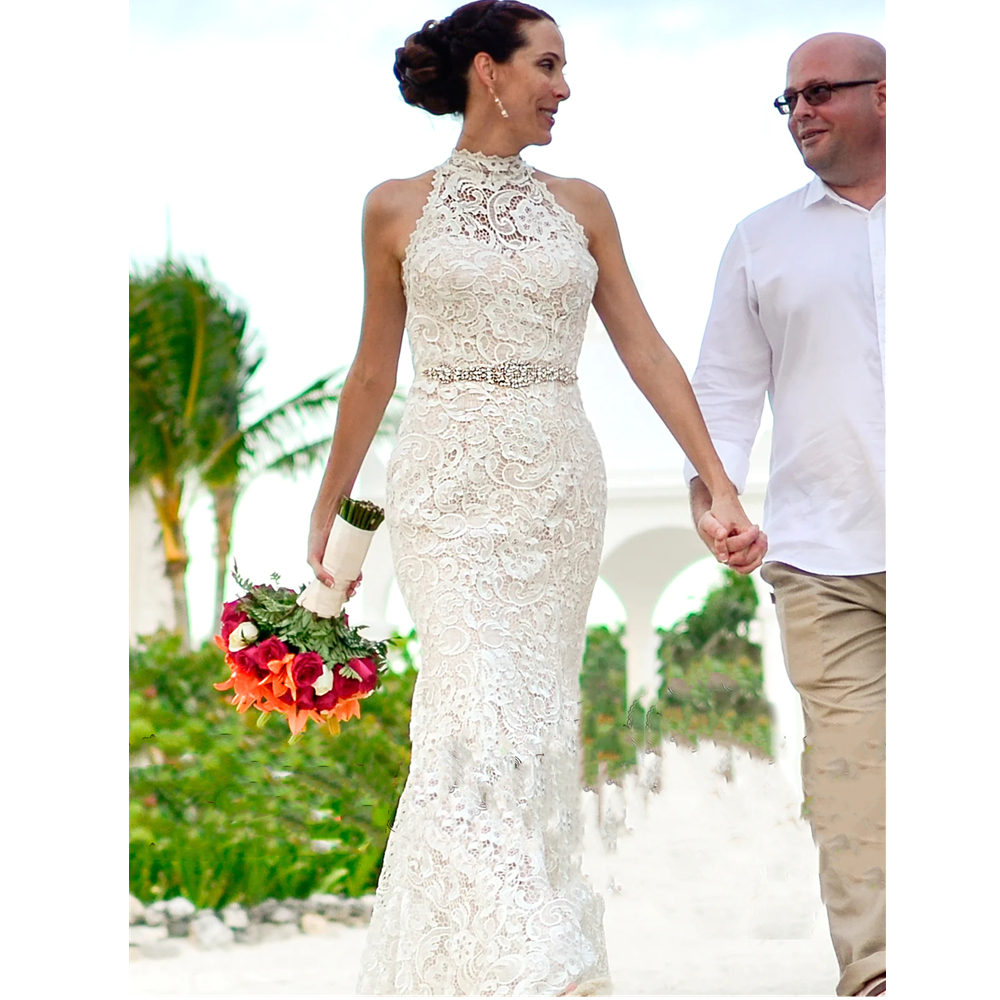 Vintage Lace Mermaid Wedding Dresses Backless Sexy Halter Long Bridal Gowns Sleeveless Champagne Lining Women Reception Dress 2023