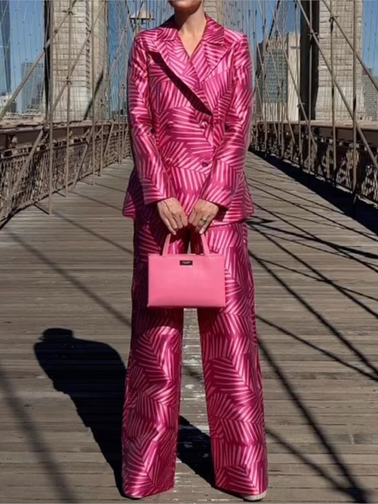 Women's Two Piece Pant Printed Blazer Suit Straight Sets Fashion Chic Button Up Blouse 2 Set 2023 Office Ladies Commute Wears 230609