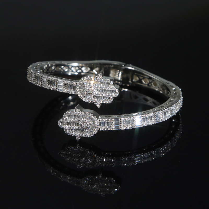 Iced Out Bling CZ Custom Opened Square Cubic Zircon Paved Hamsa Hand Charm Bracelet Bangle Hip Hop Sparking Jewelry