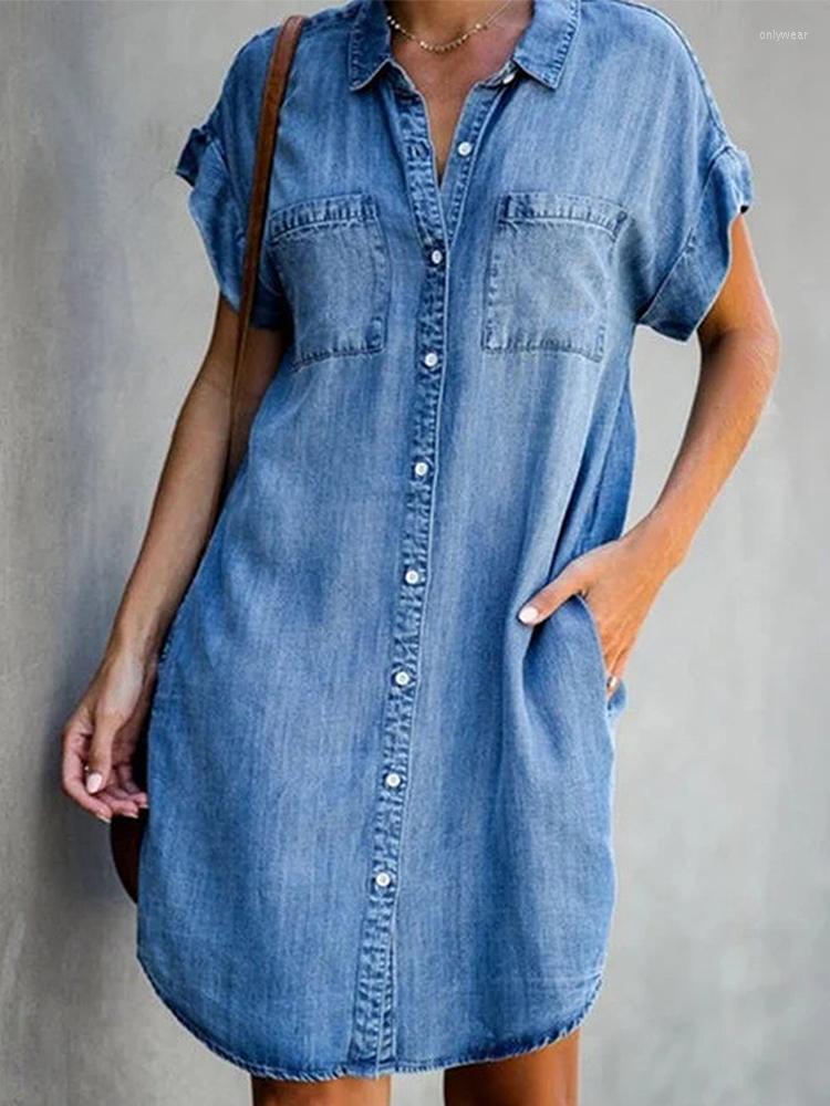 Casual Dresses Summer Women Knee Length Dress Fashion Turn Down Collar Short Sleeve Buttons Denim Shirt Woman Big Size Jean