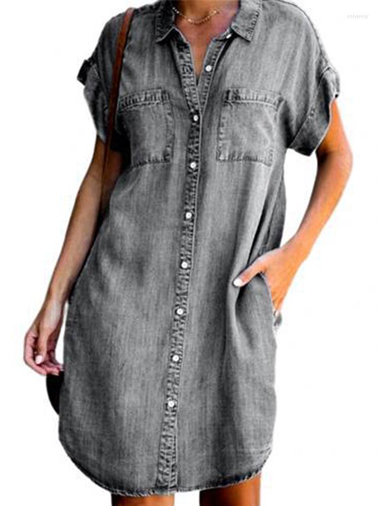 Casual Dresses Summer Women Knee Length Dress Fashion Turn Down Collar Short Sleeve Buttons Denim Shirt Woman Big Size Jean