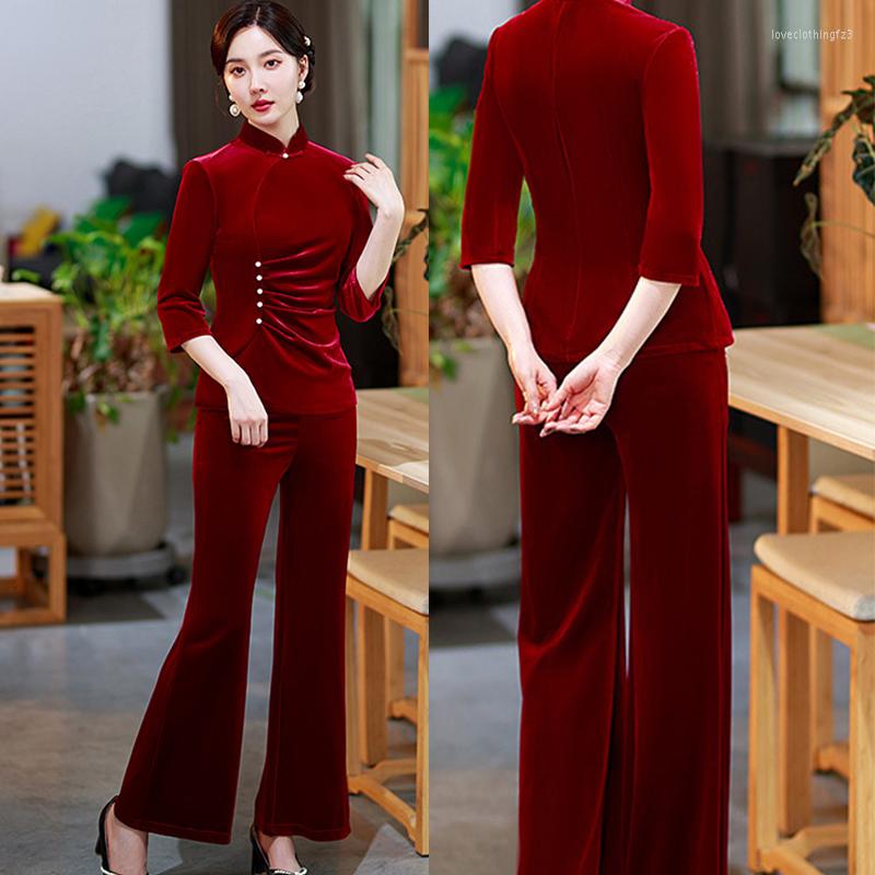 Ethnic Clothing Stand Collar Long Sleeve Qipao Solid Colro Gold Velvet Shirt Pant 2Pcs Women Classic Chinese Style Pleated Big Size Clothes
Ethnic Clothing Stand Collar Long Sleeve Qipao Solid Colro Gold Velvet Shirt Pant 2Pcs Women Classic Chinese Style Pleated Big Size Clothes